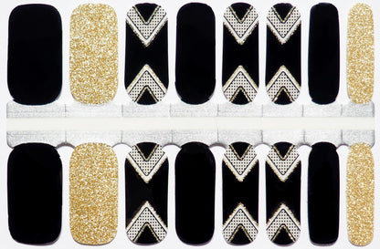 Semi-transparent multicolor nail wraps with black and gold chevron accents.