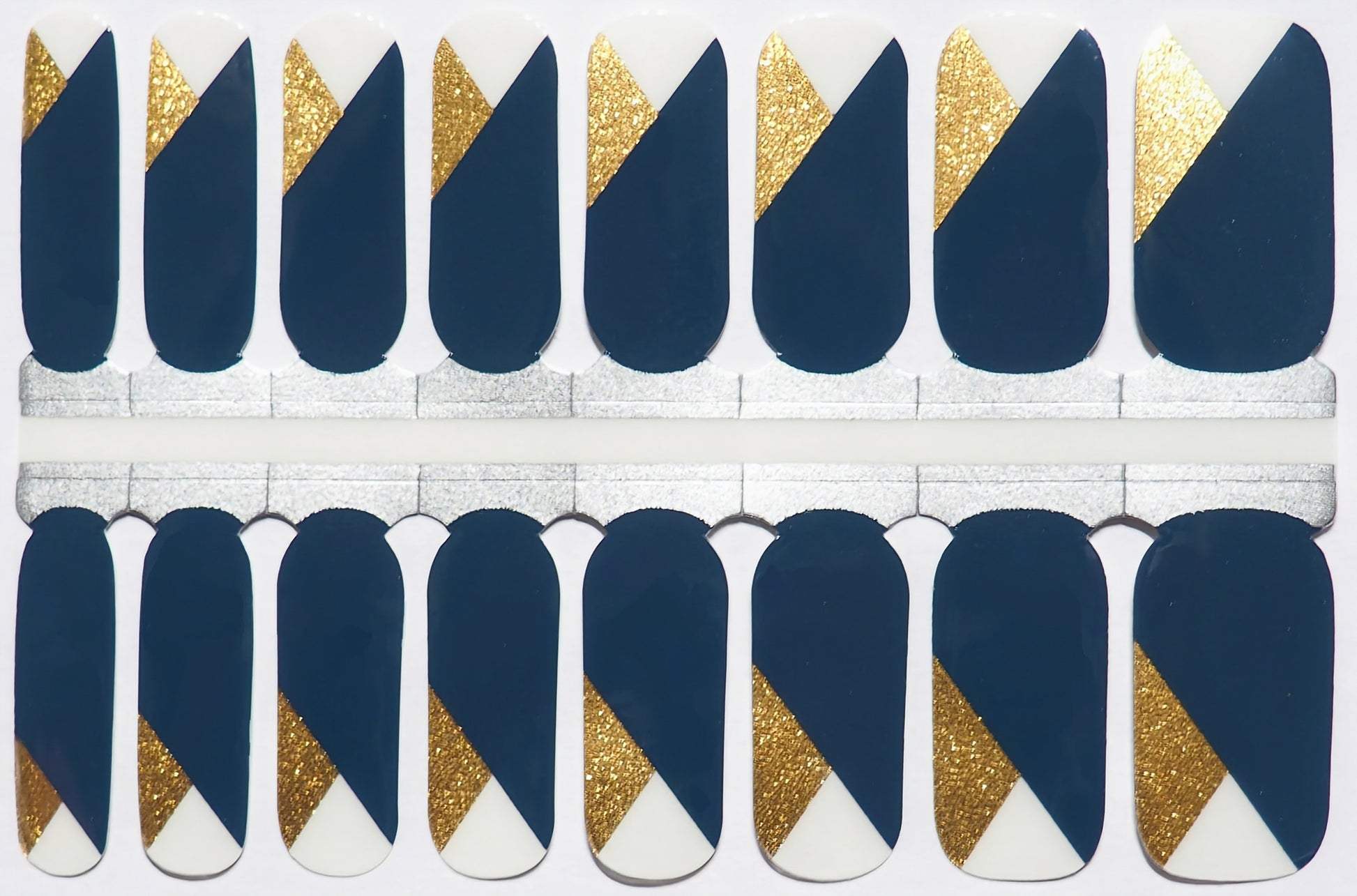 Half gold, half smoky teal semi-transparent nail wraps with a bold contrast.